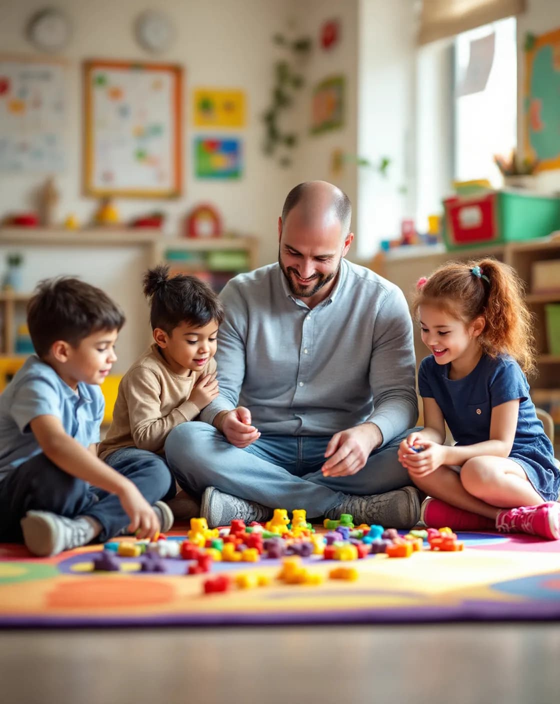 A teacher sits on a classroom rug while young students sort colorful counters.