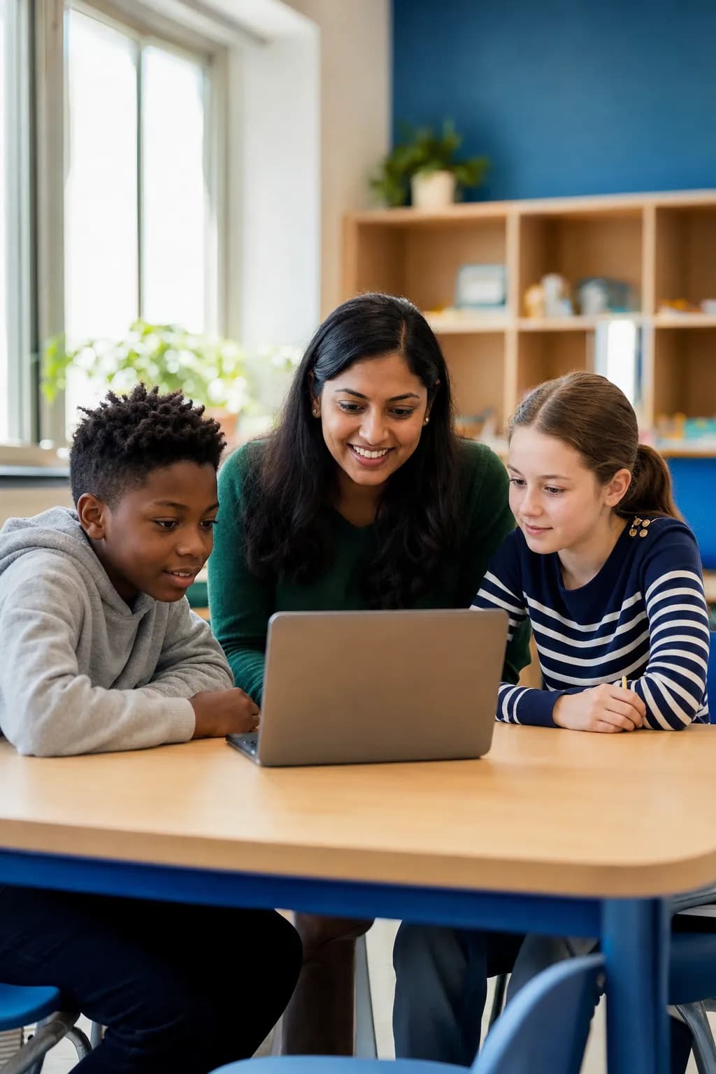A teacher and two middle school students look at a laptop together.